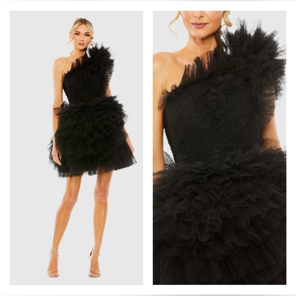 Mac Duggal 20600 NWT Black Tulle Ruffle One Shoulder Mini Dress